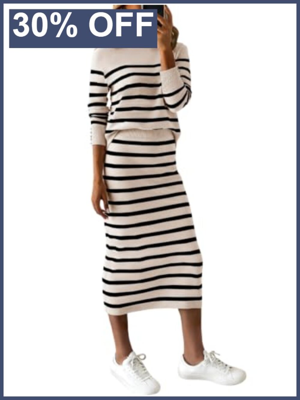 Knitted Striped Midi Skirt Set Long Sleeve Pullover & Pencil Skirt Two Piece
